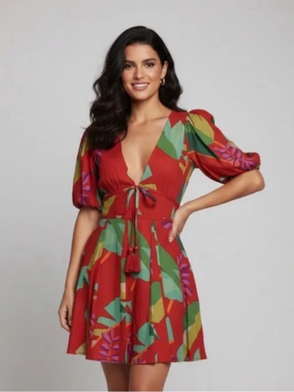 House Of Harlow 1960 Sz 4 Red Floral Fit & Flare Linen Rayon Blend Puff Sleeve
